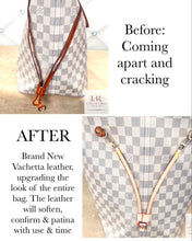 Load image into Gallery viewer, Neverfull Side straps, Light Patina Colored Veg Tanned Leather with red edging and yellow stitching