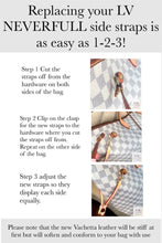 Load image into Gallery viewer, Neverfull Side straps, Light Patina Colored Veg Tanned Leather with red edging and yellow stitching