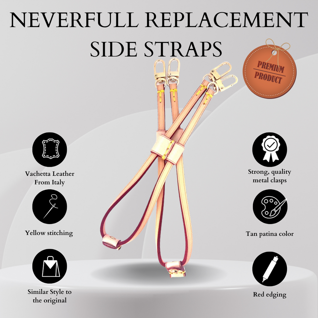 Neverfull Side straps, Light Patina Colored Veg Tanned Leather with red edging and yellow stitching