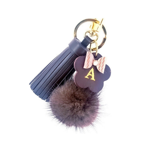 PurseCharm Brown Accessory, MINI Leather Tassel PomPom, Flower Charm,Custom Personalized Initial,Vachetta,Keychain, Handmade Purse Jewelry