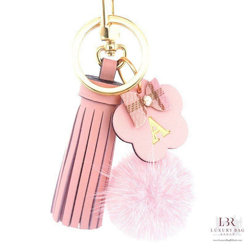 PurseCharm PINK Accessory, MINI Leather Tassel PomPom, Flower Charm,Custom Personalized Initial,Vachetta,Keychain, Handmade Purse Jewelry