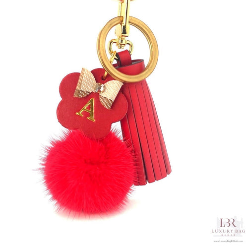 PurseCharm RED Accessory, MINI Leather Tassel PomPom, Flower Charm,Custom Personalized Initial,Vachetta,Keychain, Handmade Purse Jewelry