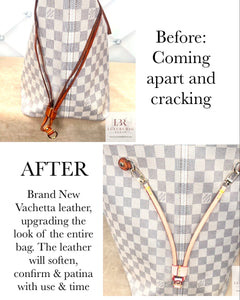 Neverfull Side straps, Light Patina Colored Veg Tanned Leather with red edging and yellow stitching