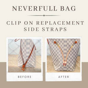 Neverfull Side straps, Light Patina Colored Veg Tanned Leather with red edging and yellow stitching