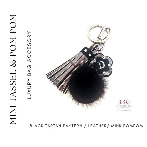PurseCharm Black Tartan pattern Accessory, MINI Leather Tassel PomPom, Flower Charm,Custom Personalized Initial,Vachetta,Keychain, Handmade