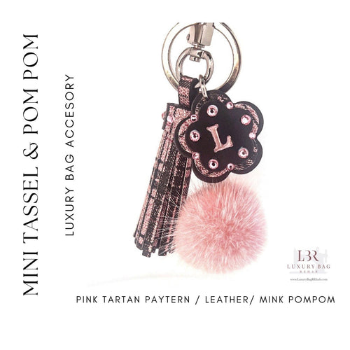 PurseCharm Light Pink leather, Pink Tartan pattern Accessory, MINI Tassel PomPom,Flower Charm,Custom Personalized Initial,Keychain, Handmade